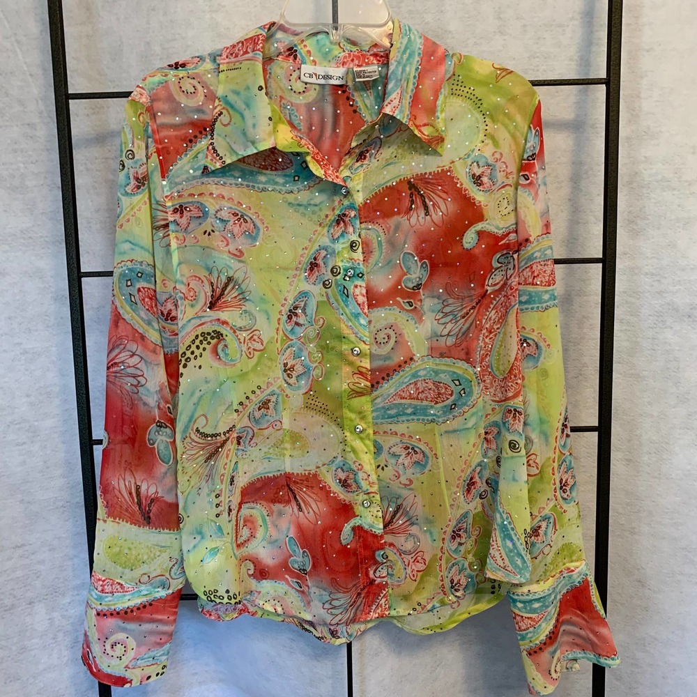 CB Design Bright Paisley Floral Sheer Sparkly Blouse Size 14